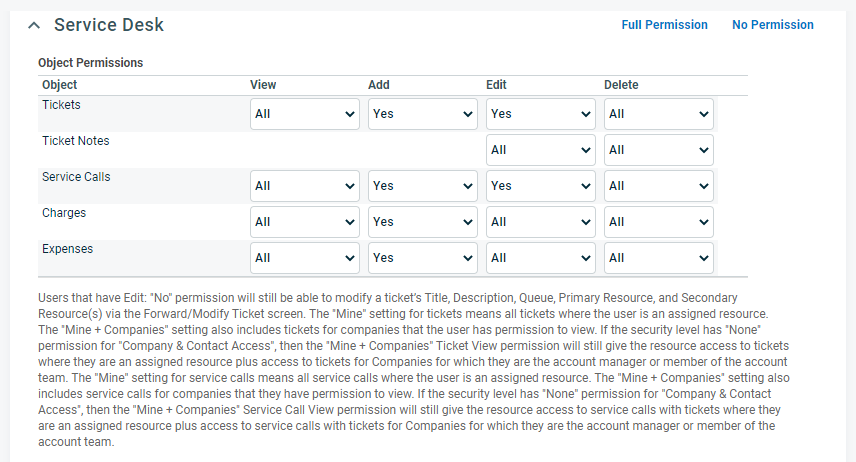 Service Desk object permissions Object Permissions for the Service Desk category of the Security Levels page in the Autotask PSA application.
