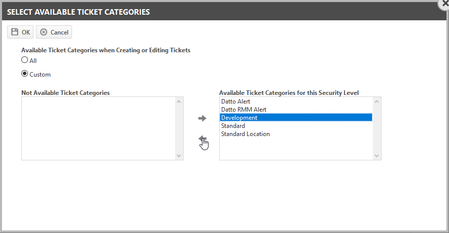 Select available ticket categories The Select Available Ticket Categories menu of the Service Desk Settings section in the Security Levels page of the Autotask PSA application.